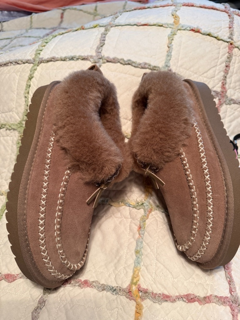Brown Suede Shearling-Lined Slip-On Slippers - Picture 8 of 9